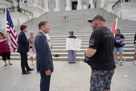 Blumenthal met with veterans and advocacy  organizations outside the Capitol earlier this week. 